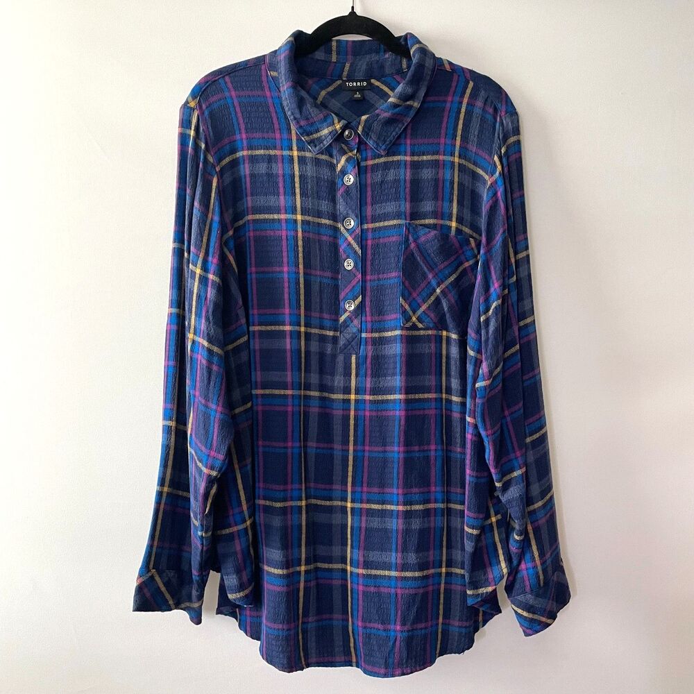 Torrid Plaid Crinkle Gauze Popover Shirt Size 3 3X Navy Blue Button Back
